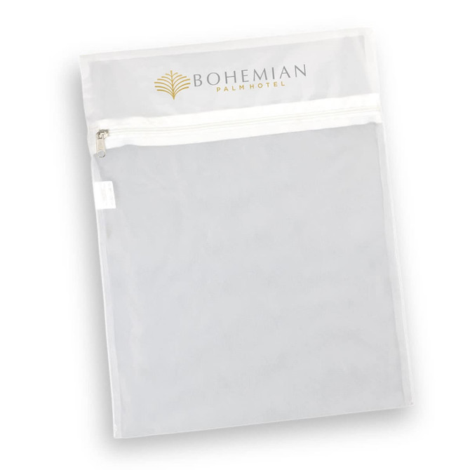 A translucent white mesh laundry bag with a zip closure and a logo at the top.