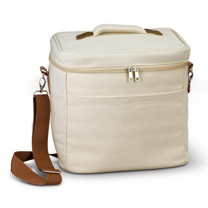 A cream-coloured cooler bag with a zippered top, a handle, and an adjustable strap. It features a front pocket and branding.