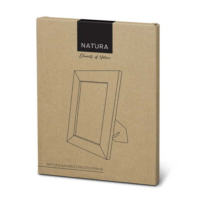 A bamboo photo frame in a natural finish, packaged in a simple cardboard box with branding.