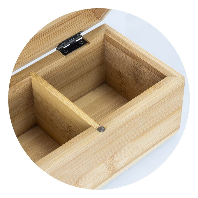 A bamboo tea box featuring a spacious compartment and a separator, showcasing its natural wood texture.