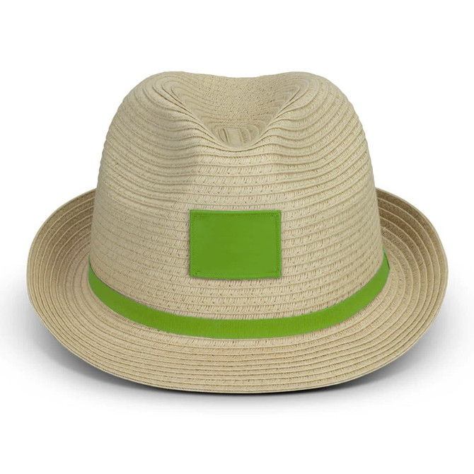 A Bruno Fedora Hat in a light beige colour with a green band and a blank logo area.