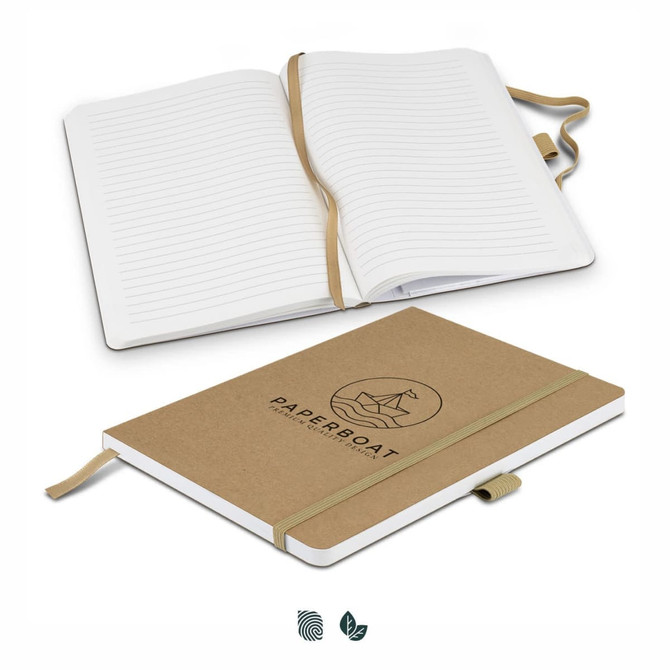 A beige notebook with a logo, featuring a brown elastic band, opened to reveal lined pages inside.