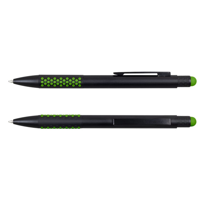 A black stylus pen with green accents and a textured grip, featuring a clip and retractable tip.