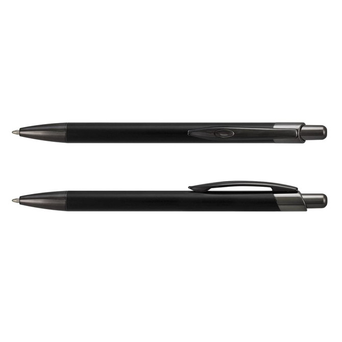 A metal pen in black with a sleek design, featuring a clip and a smooth-writing tip. It has a branding logo.