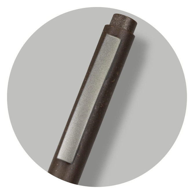 A dark grey pen featuring a smooth barrel and a metallic accent, with a logo present on the barrel.