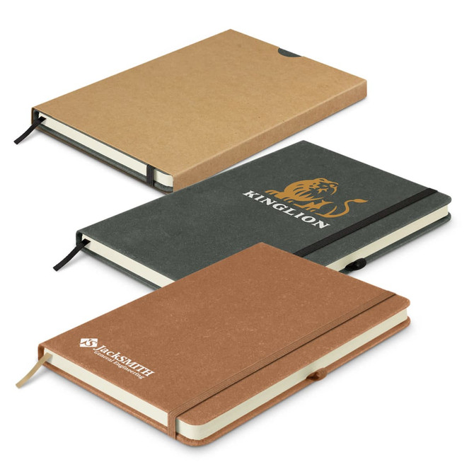 Three hard cover notebooks in varying colours: one brown, one dark green, and another tan, each with a logo. Three hard cover notebooks in varying colours: one brown, one dark green, and another tan, each with a logo.