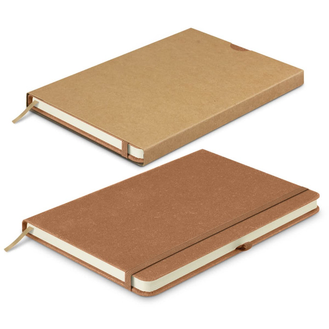 A recycled hard cover notebook in brown with a light brown ribbon bookmark and an elastic closure. A recycled hard cover notebook in brown with a light brown ribbon bookmark and an elastic closure.