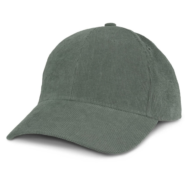 A green corduroy cap featuring a curved brim and a logo on the front.