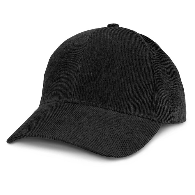 A black corduroy cap featuring a curved brim and an adjustable strap, with a logo on the back.