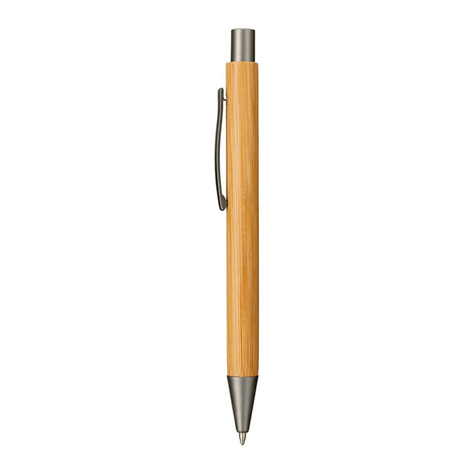 A bamboo ballpoint pen with a metallic clip and tip, featuring a sleek, natural wood design.