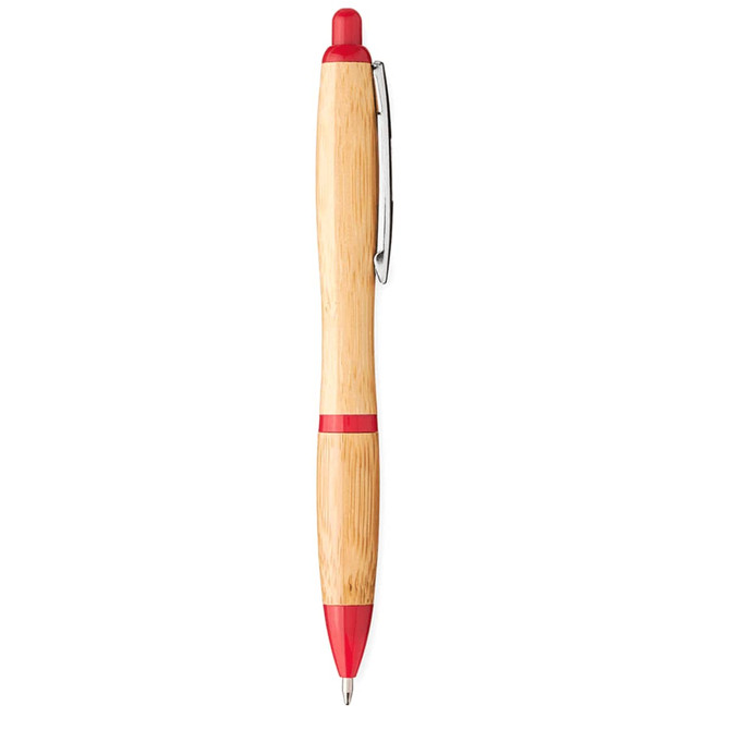 A bamboo ballpoint pen with red accents and a metallic clip, featuring a logo.