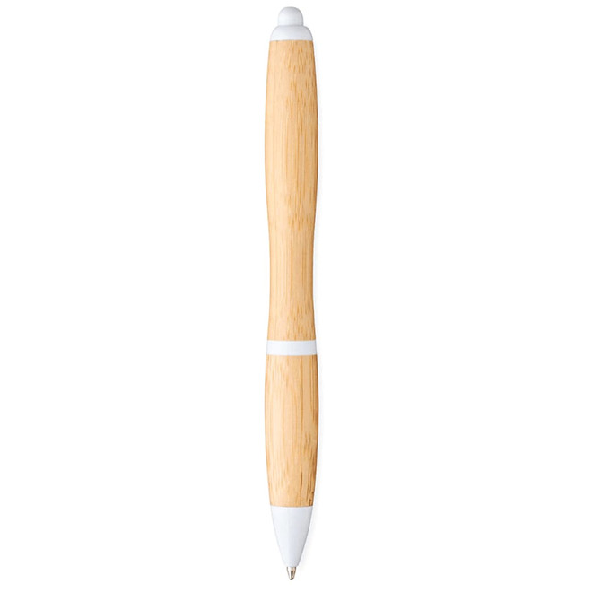 A bamboo ballpoint pen with a natural finish and white accents, featuring a branding logo.