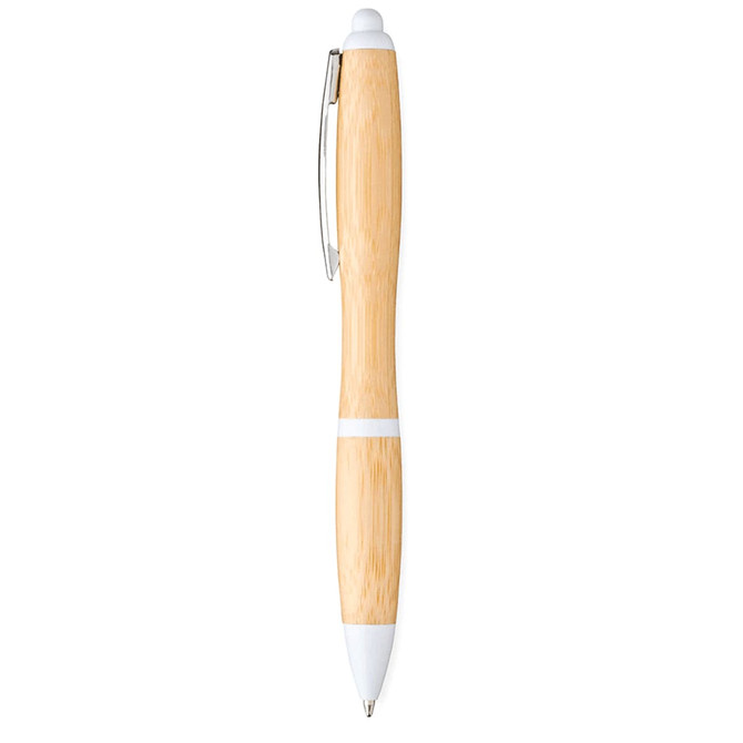 A bamboo ballpoint pen with a white clip and accents, featuring a sleek, natural wood finish.
