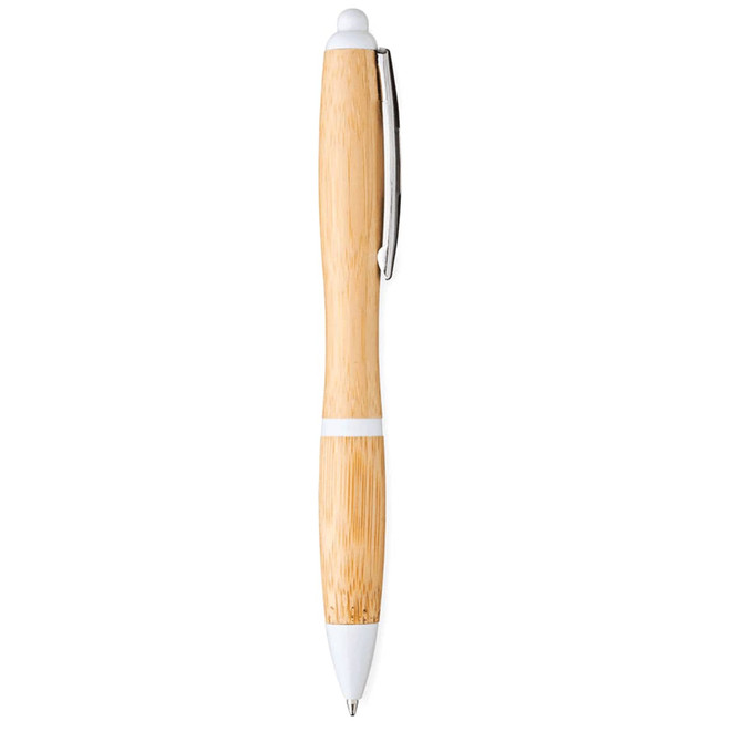 A bamboo ballpoint pen with white accents and a silver clip, featuring a smooth barrel design.