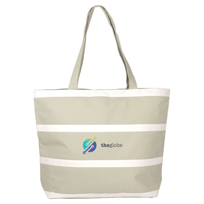 A light green insulated cooler bag with white stripes and a logo on the front. Features two shoulder straps.