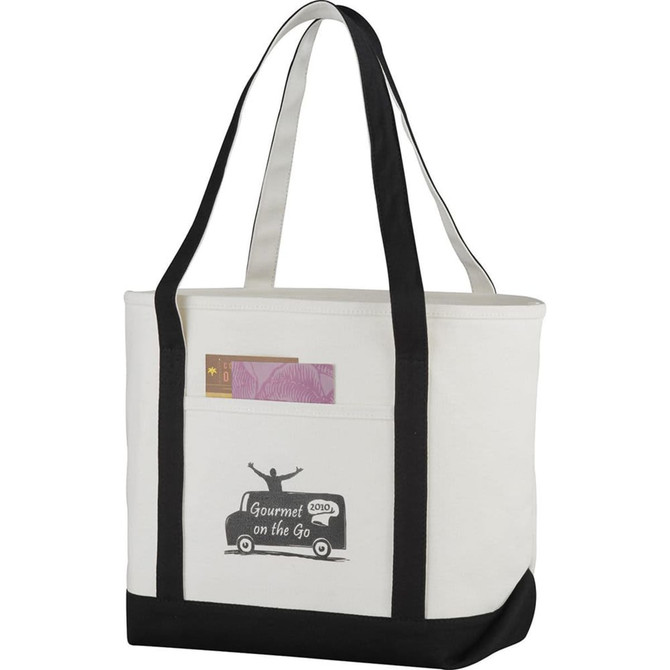A cream and black tote bag with a logo and a front pocket. It features sturdy handles and a spacious design.