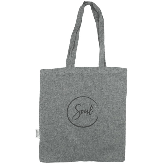 A grey recycled cotton twill tote bag with long handles and a circular logo featuring the word "Soul".