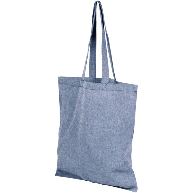 A blue recycled cotton twill tote bag with long handles and a simple design. It features a logo.