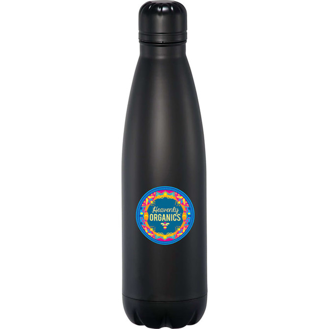 A drink bottle featuring a sleek black design with a colourful logo. It has a vacuum insulated structure and a 760ml capacity.