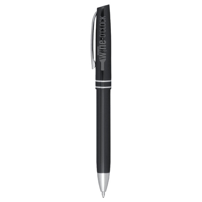 A black ballpoint pen with a metallic finish and a clip, featuring a branding logo.