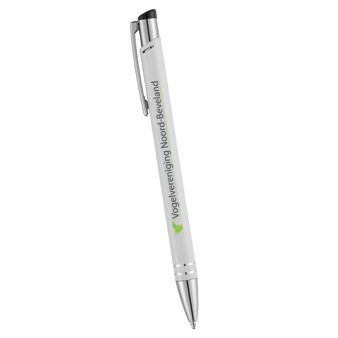 A metal ballpoint pen in white with a silver clip and a logo printed on the barrel.