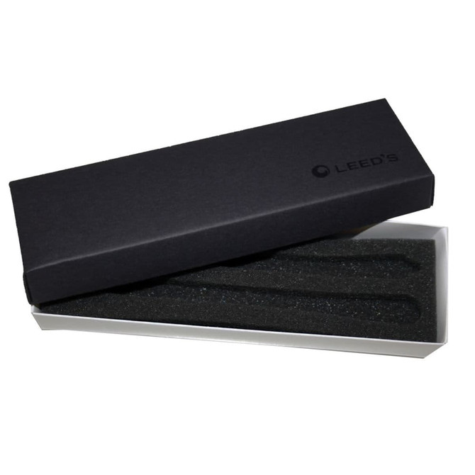 A black double pen box with a foam insert, featuring a white base and a logo on the lid.