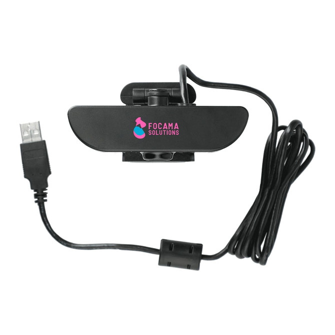 A black 1080P HD webcam with a built-in microphone and USB connection, featuring a logo on top.