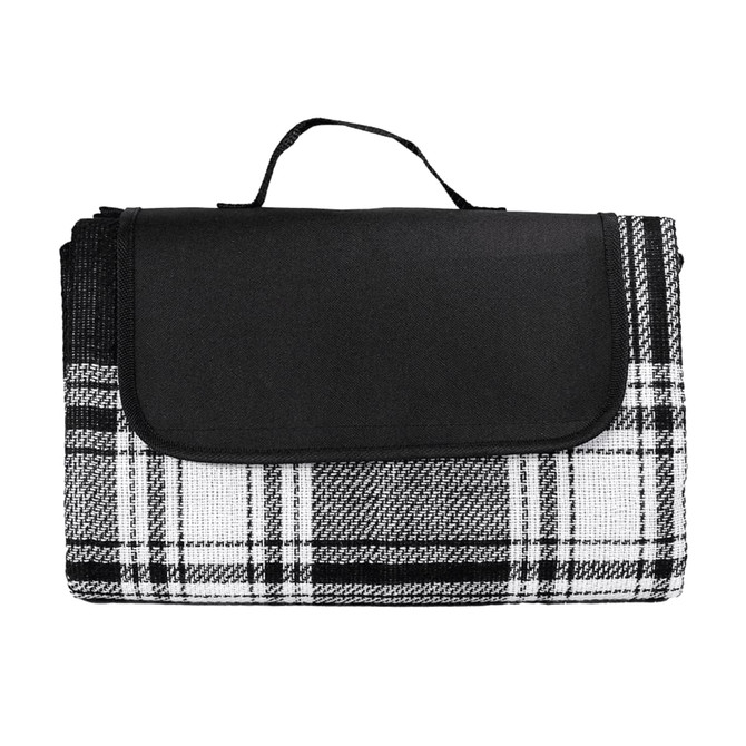 A picnic rug featuring a black and white checkered pattern, neatly folded with a handle for easy transport.