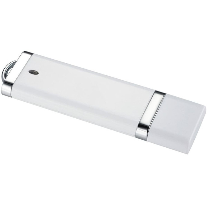 A white USB flash drive with silver accents, featuring a sleek design and a small logo on the body.
