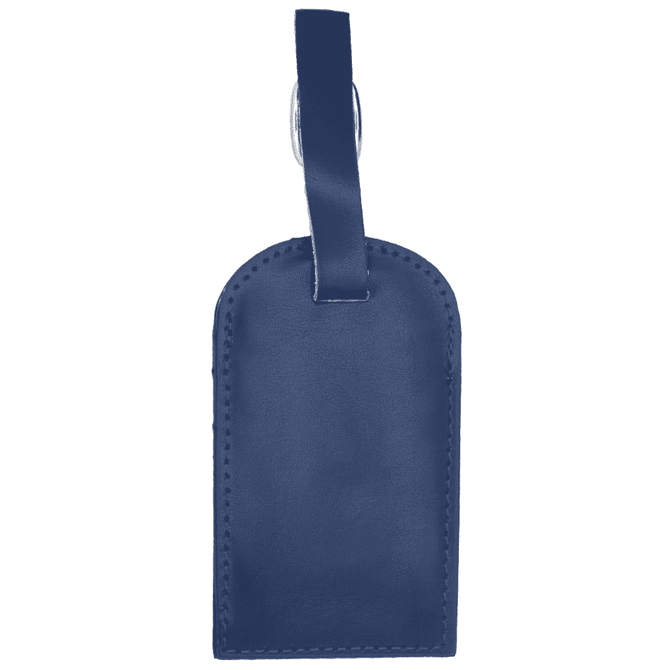 A navy blue luggage tag made of leather with a strap for attachment. It features a logo on the surface. A navy blue luggage tag made of leather with a strap for attachment. It features a logo on the surface.
