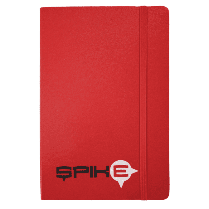 A red journal with a textured cover and an elastic band, featuring a logo on the front.