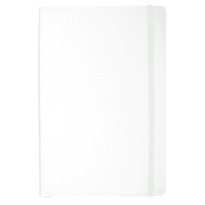 A white hardcover journal with an elastic band closure and a simple design, featuring a logo on the front.