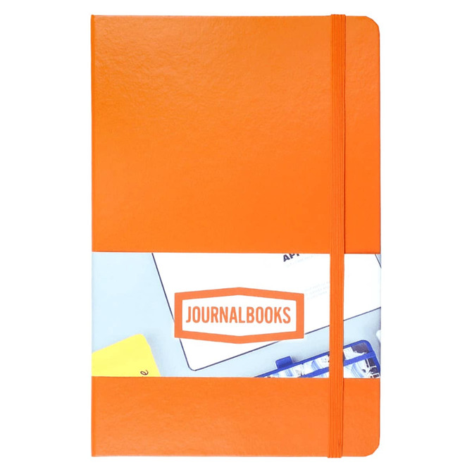 An orange notebook with a band and a logo, featuring a smooth cover and rounded corners.