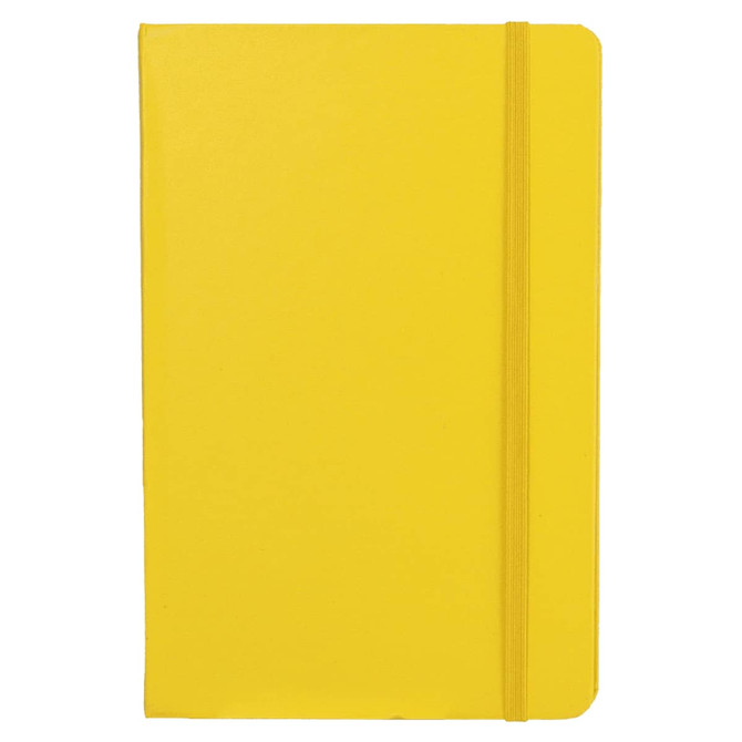 A yellow notebook with a smooth cover and an elastic band closure; features a logo on the front.