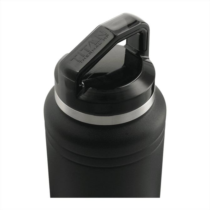 A drink bottle in black with a silver band, featuring a sturdy handle and a twist-off lid. Branding is visible.