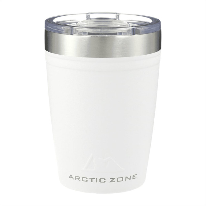 A drink bottle featuring a frosted white design with a stainless steel lid and a logo. Suitable for various beverages.