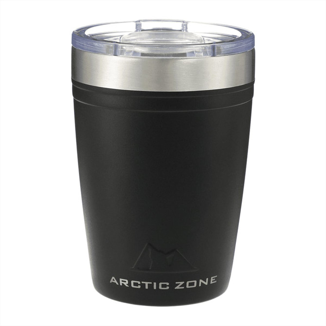 A drink tumbler in matte black with a stainless steel lid, featuring a logo on the front.