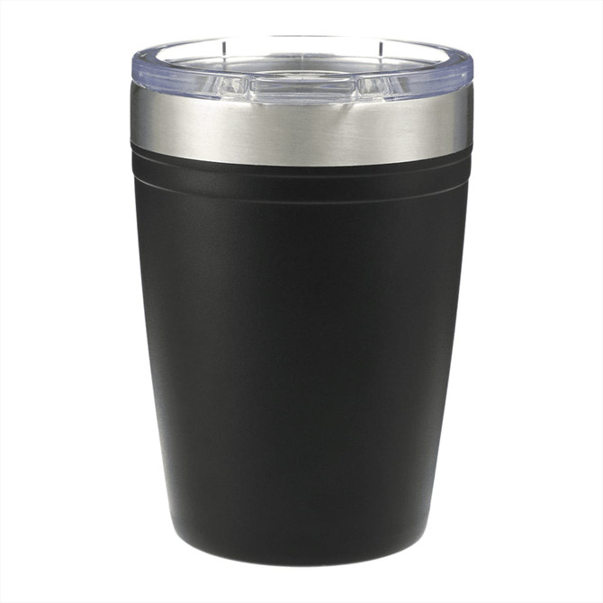 A drink bottle featuring a sleek black design with a transparent lid and metallic band, branded logo included.