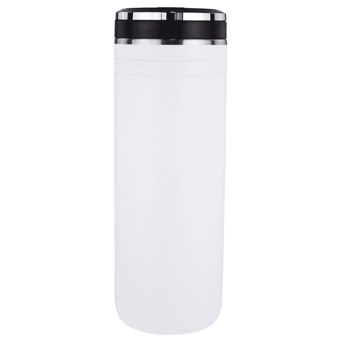A drink bottle in white with a black lid, featuring a logo, designed for thermal insulation.