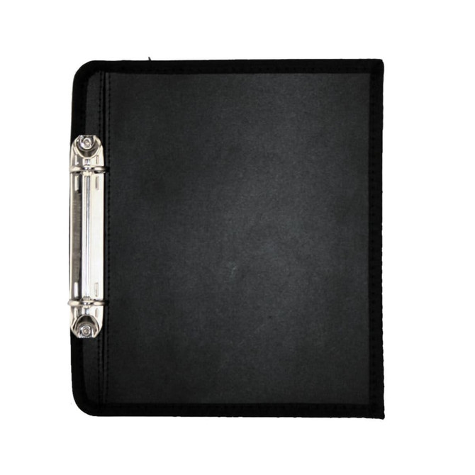 A black A5 binder featuring a durable design and a metal clip mechanism, ideal for office use.