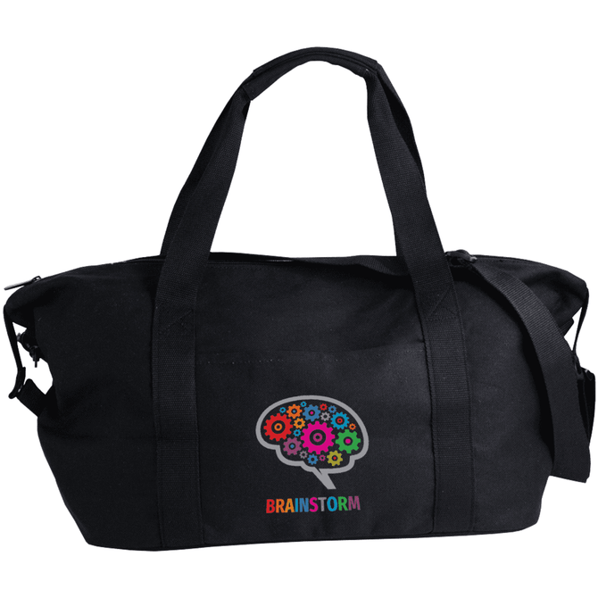A black recycled canvas duffle bag with colourful gear and brain logo, featuring dual handles and a shoulder strap.