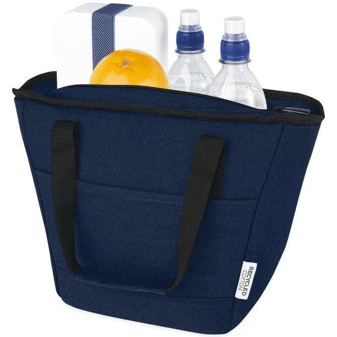 A navy cooler tote holds two drink bottles, an orange, and a white container, featuring black handles and a logo.