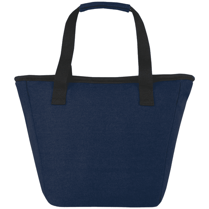 A navy cooler tote bag with black trim and dual handles. It features a logo on the front.