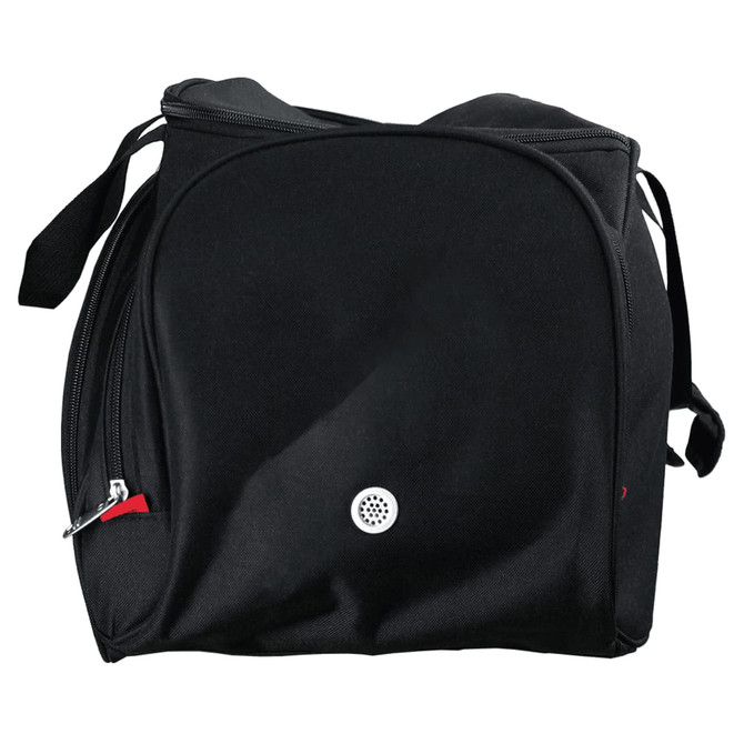 A black duffel bag with a zip closure and an additional pocket, featuring a logo.