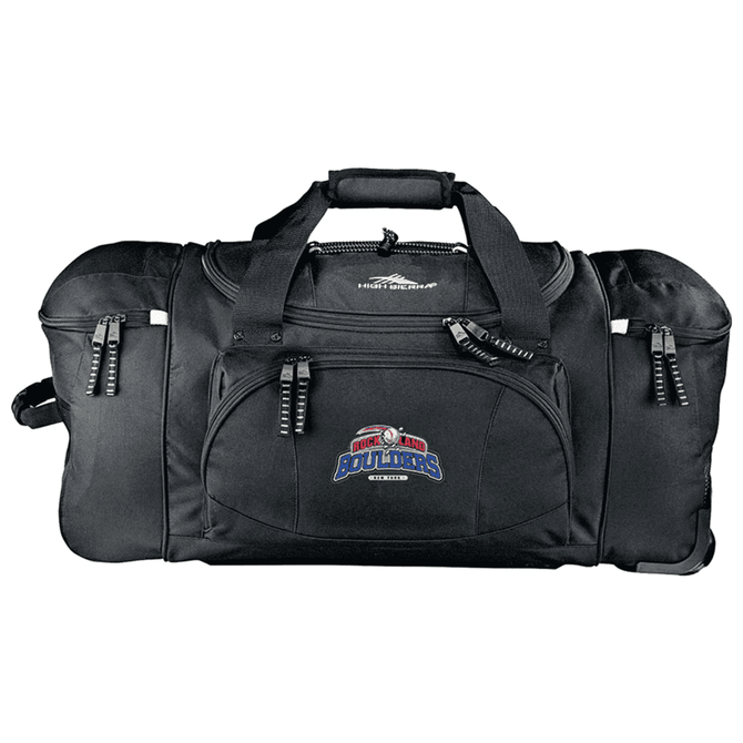 A black wheeled duffel bag with multiple compartments and a logo on the front.