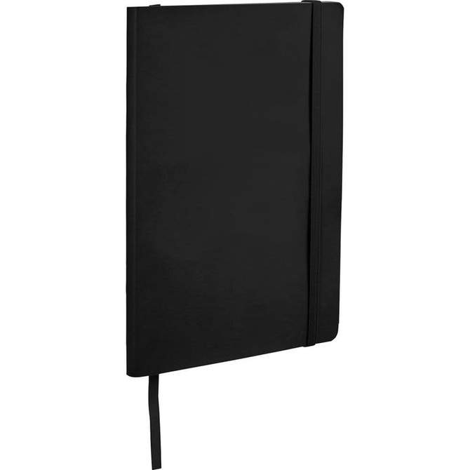 A black soft bound journal with a flat cover and a ribbon bookmark, featuring a logo on the front.