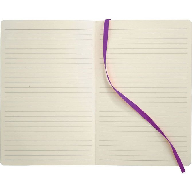 A soft bound journal with a cream interior, lined pages, and a purple ribbon bookmark. It has a branding logo on the cover.