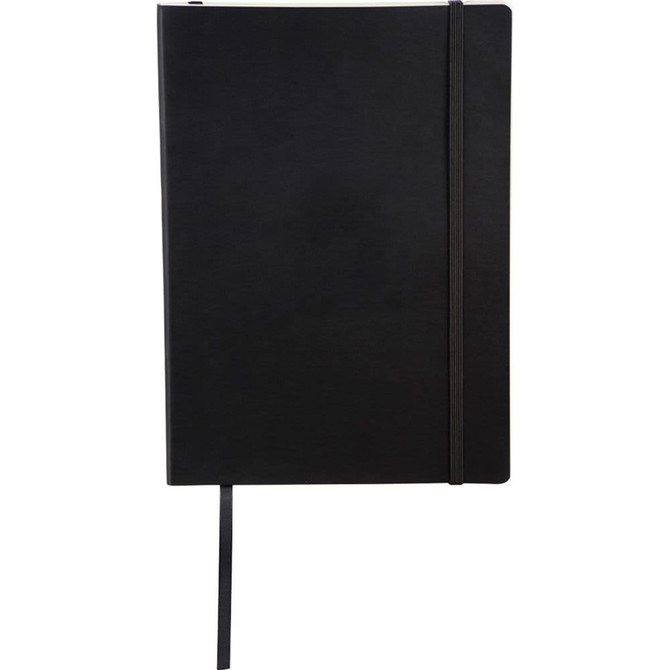 A black bound journal with a sleek design, featuring an elastic band closure and a ribbon bookmark.