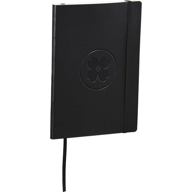 A black bound journal with an embossed floral design and an elastic band closure, featuring a logo.