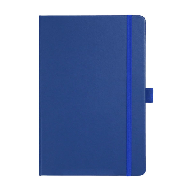 A blue journal with a elastic band closure and a small tab. It has a logo on the front cover.